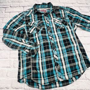 Rerun Button Up Shirt Men's Size XXL Blue Black Plaid Cotton/Poly Long Sleeve